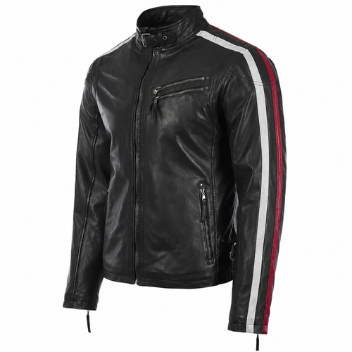 Men’s Black Leather Motorcycle Jacket with Red & White Stripes
