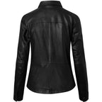Women’s soft black leather button-up shirt with long sleeves and clean fit