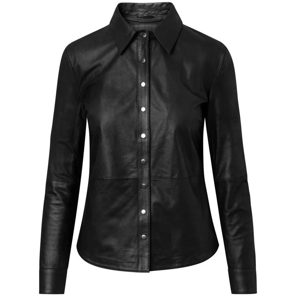 Women’s black leather shirt with button front closure and classic collar
