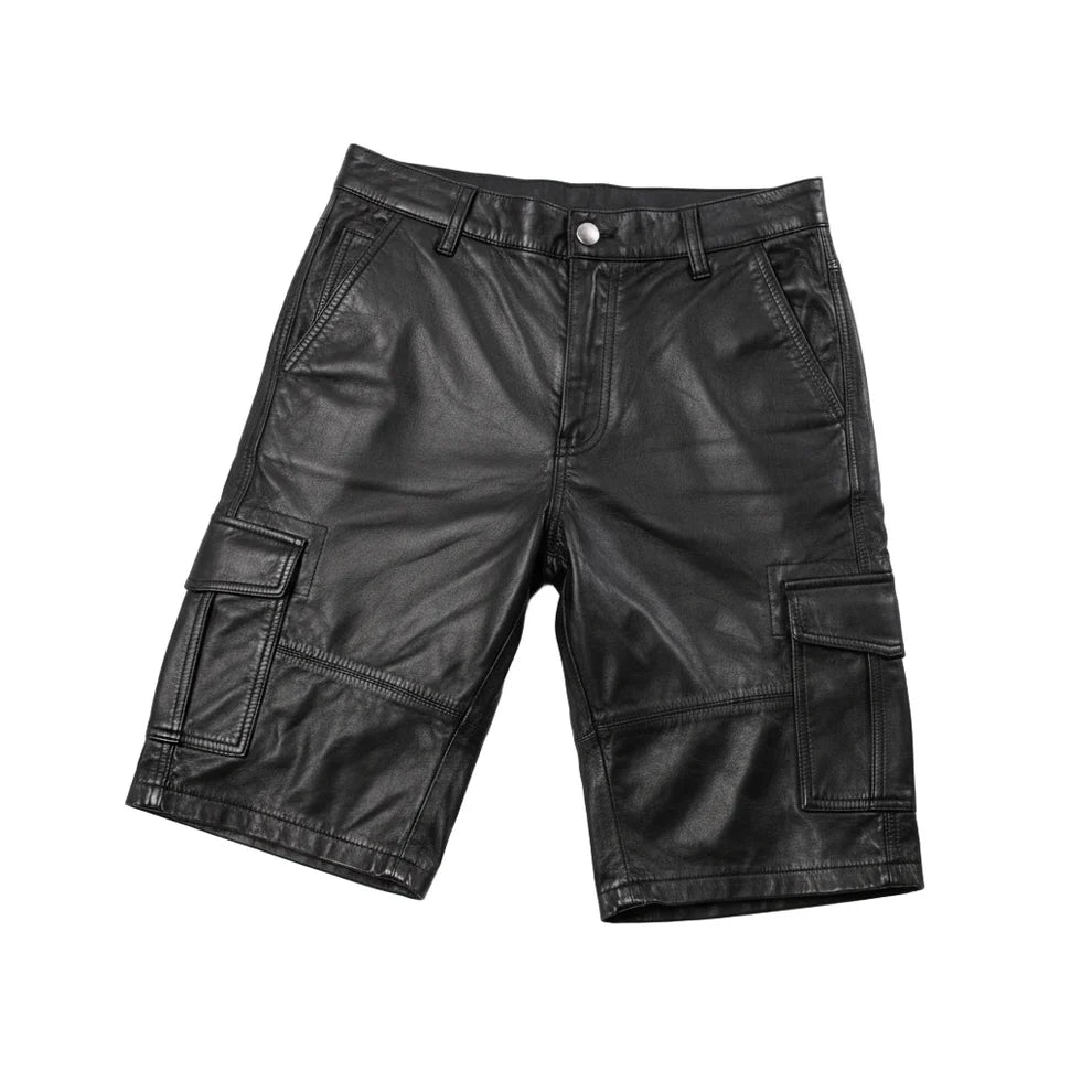 Men’s black leather cargo biker shorts with side pockets and button closure