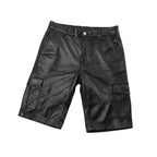 Men’s black leather cargo biker shorts with side pockets and button closure