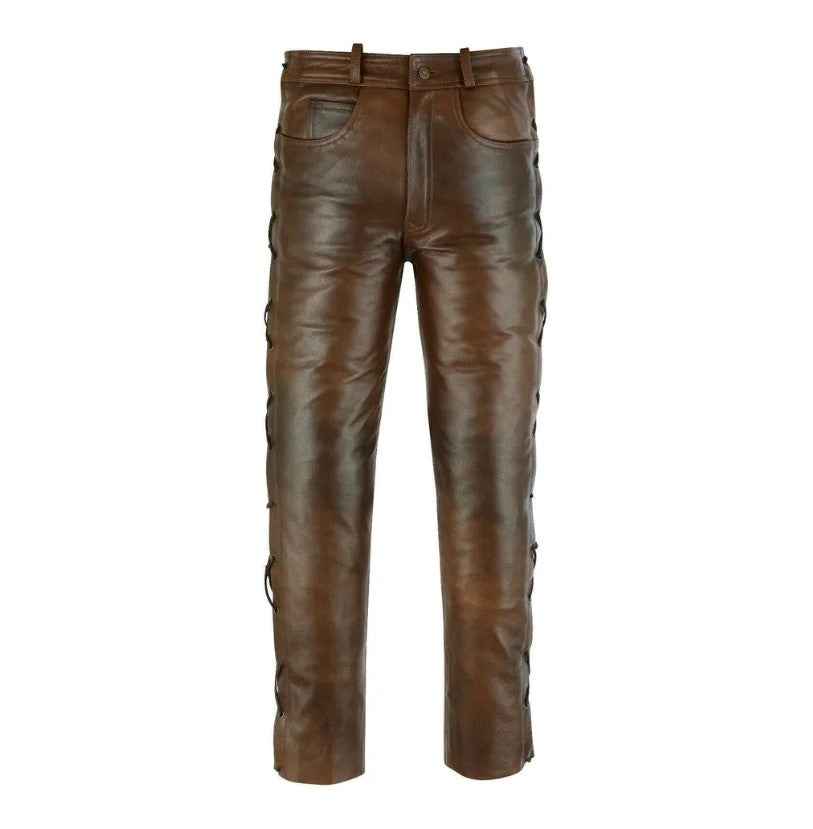 Men’s brown leather trousers with side lace-up detail and slim biker fit