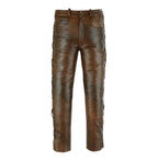 Men’s brown leather trousers with side lace-up detail and slim biker fit