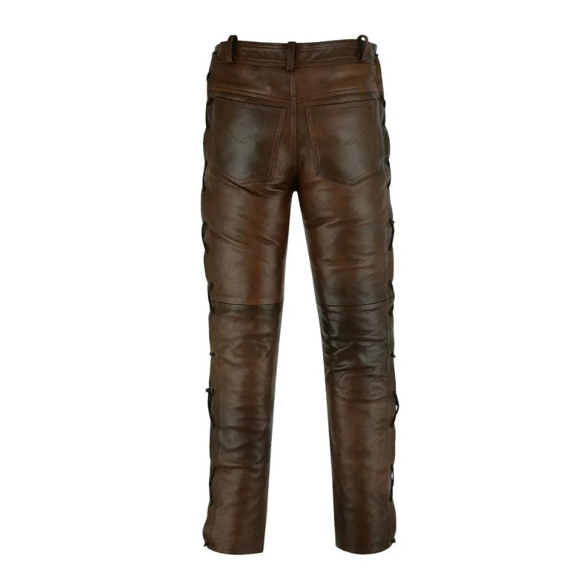 Men’s brown leather pants with side laces for gothic and biker styling