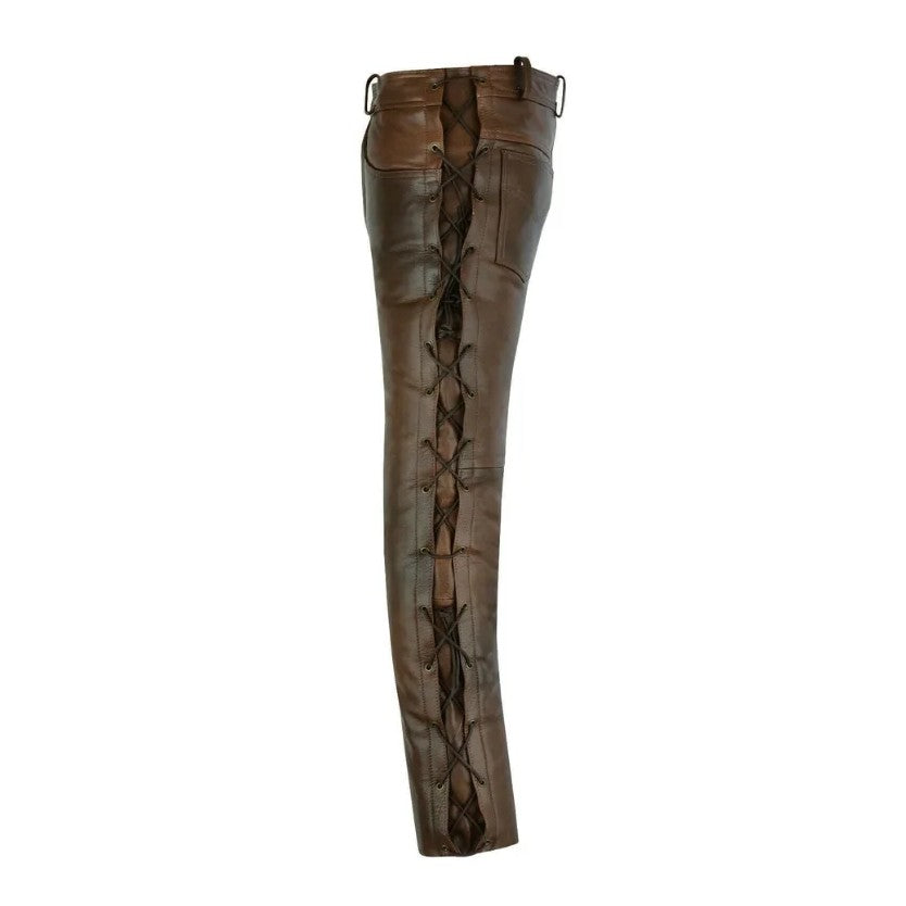 Men’s lace-up brown leather trousers with fitted shape and alternative style