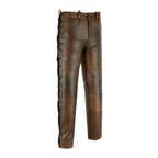 Men’s brown leather trousers with side lace-up detail and slim biker fit