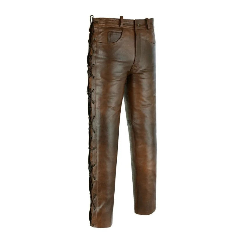 Men’s brown leather trousers with side lace-up detail and slim biker fit