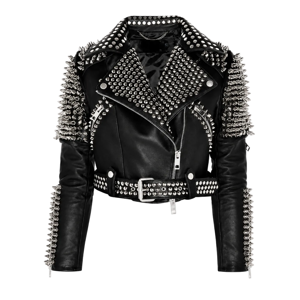 Women’s Silver Studded Punk Rock Biker Jacket Leather