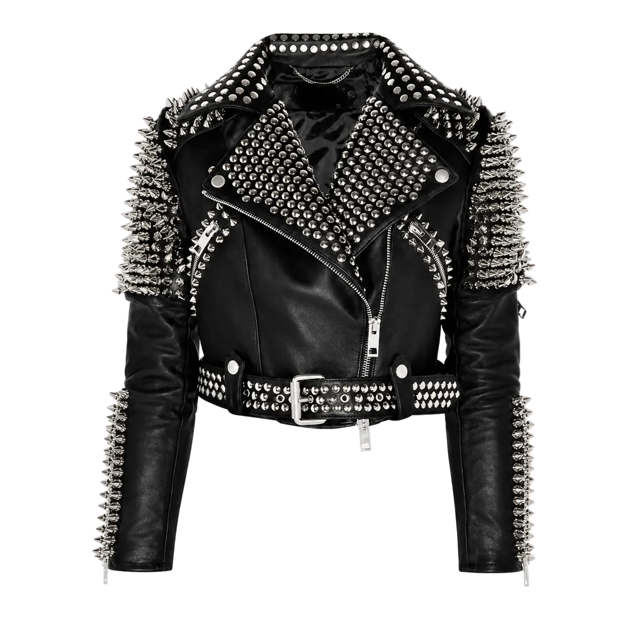 Women’s Silver Studded Punk Rock Biker Jacket Leather