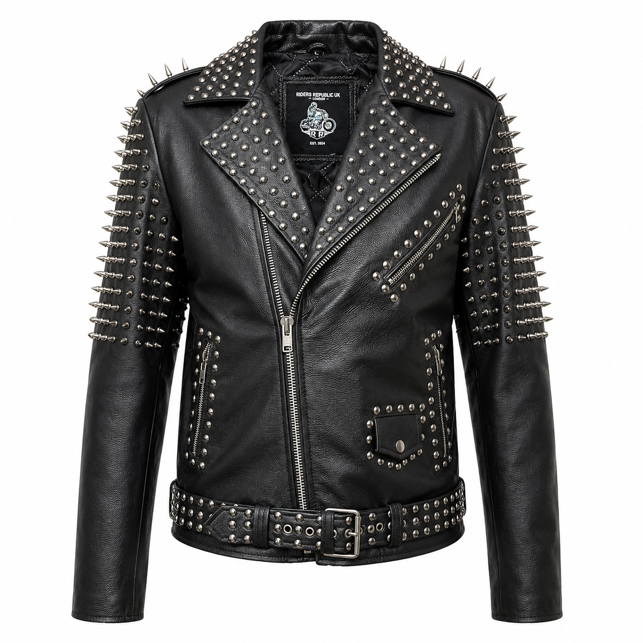Men’s black leather jacket with silver spikes and studded detailing