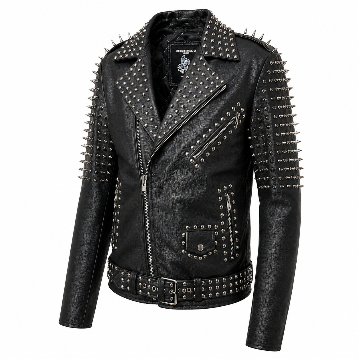 Men’s spiked leather biker jacket with metal studs and zip closure
