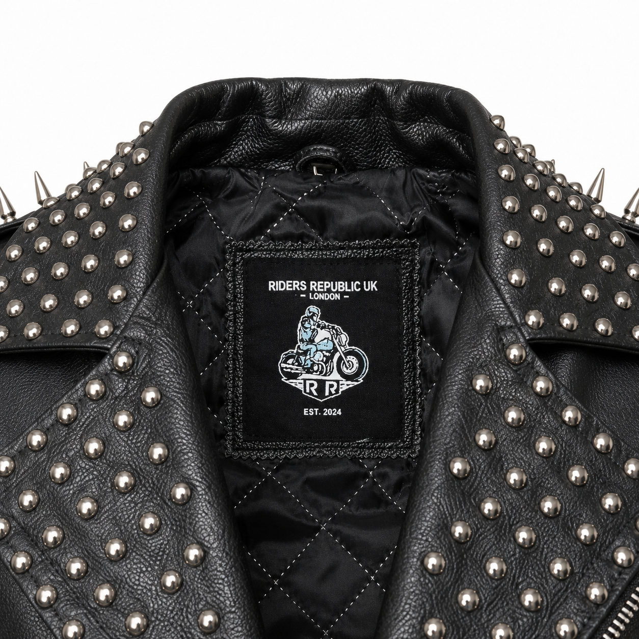 Men’s punk leather jacket with spiked shoulders and studded panels