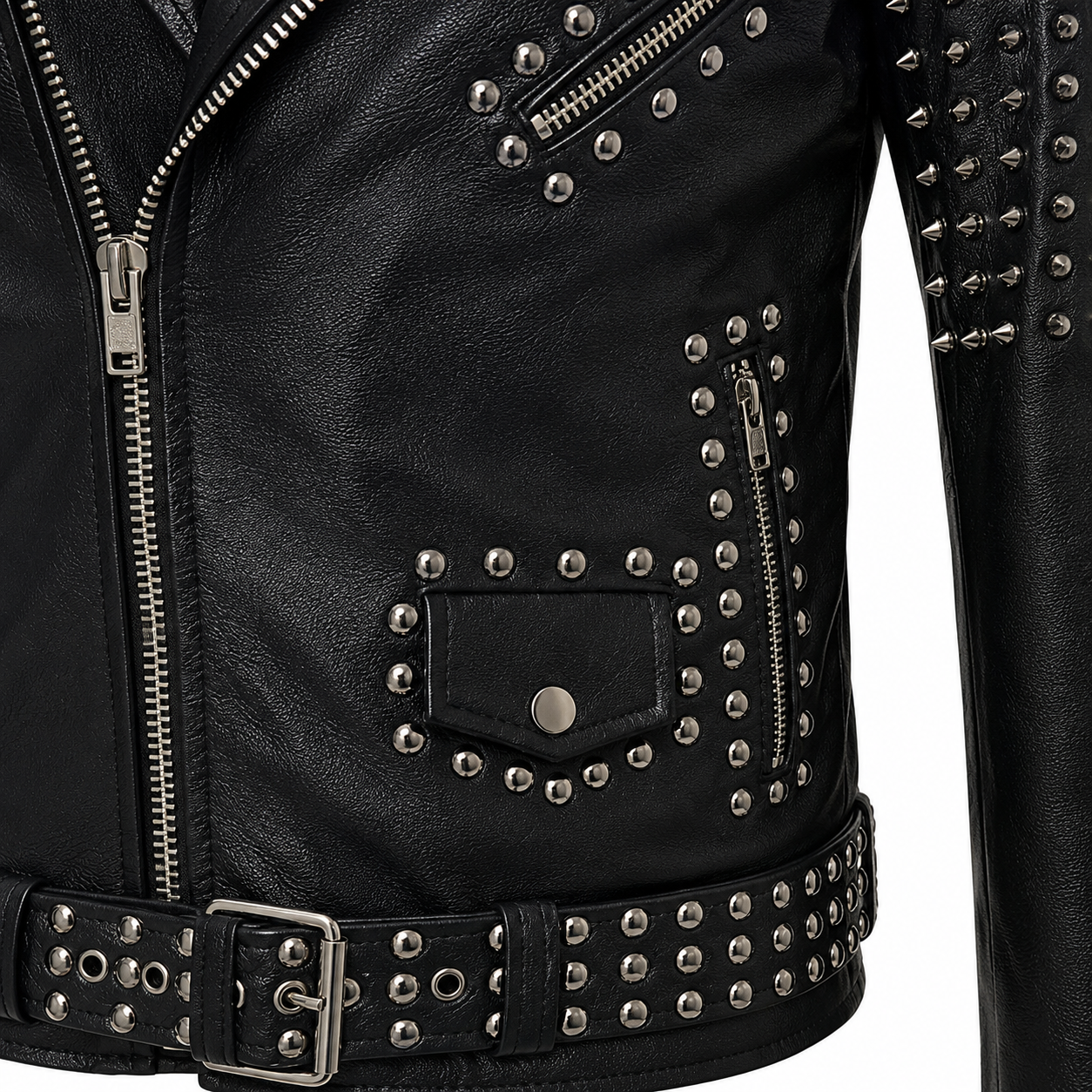 Men’s genuine leather moto jacket with silver spikes and studs close view