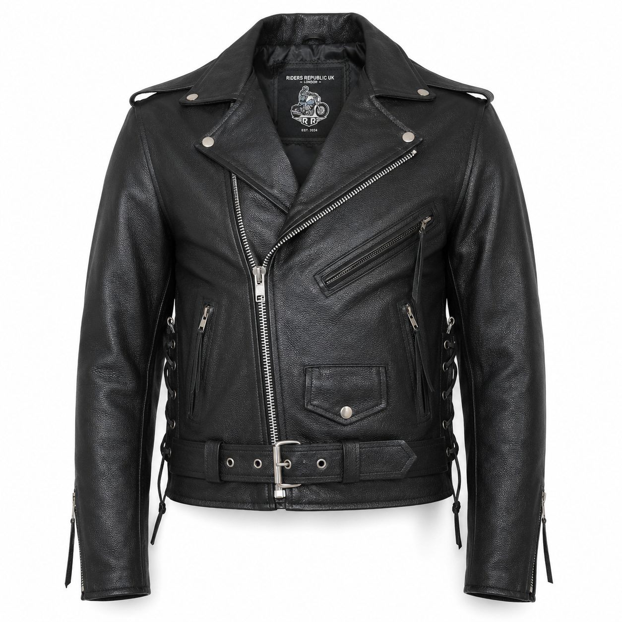 Men’s Brando black leather biker jacket with classic asymmetrical zip