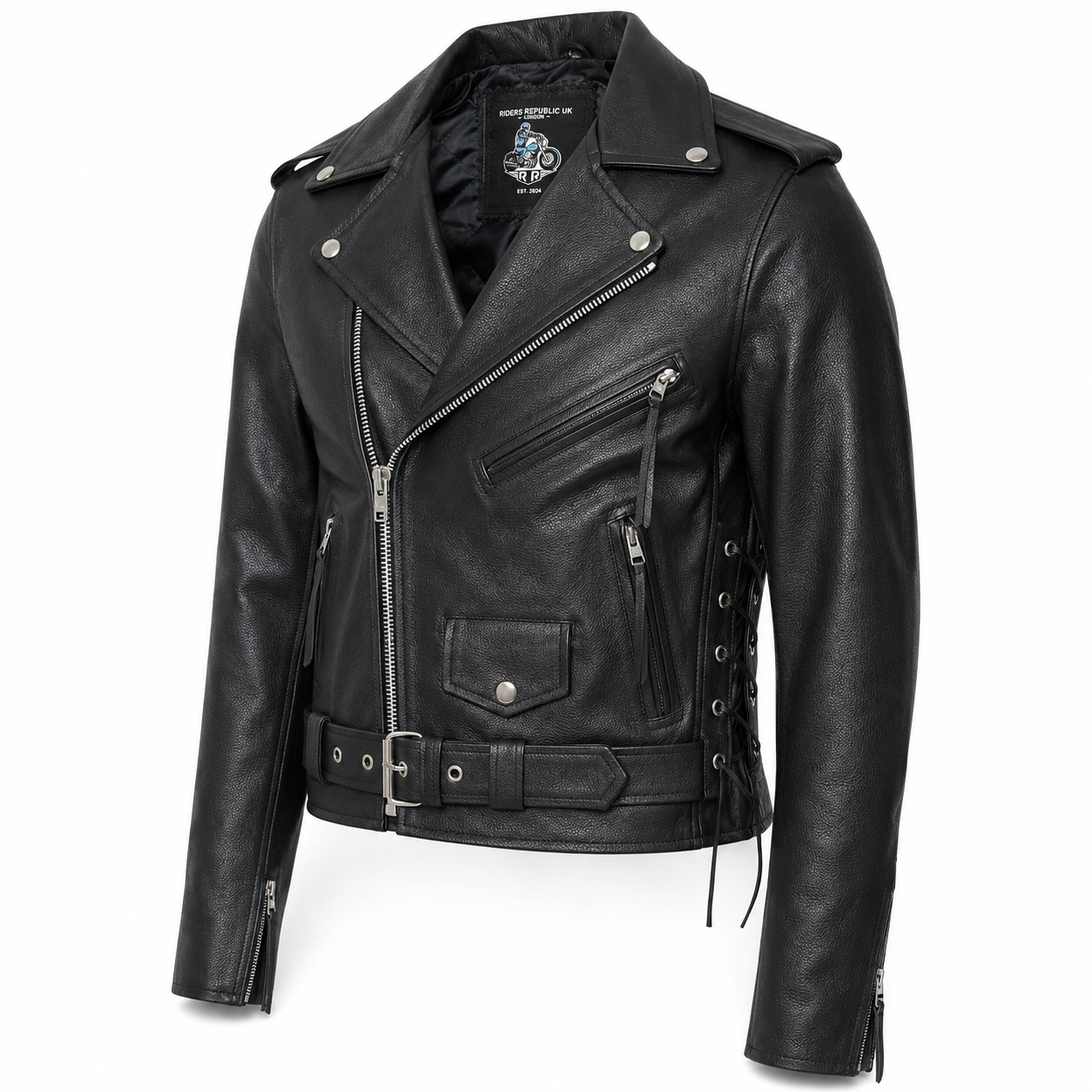 Classic men’s Brando leather motorcycle jacket with belted waist