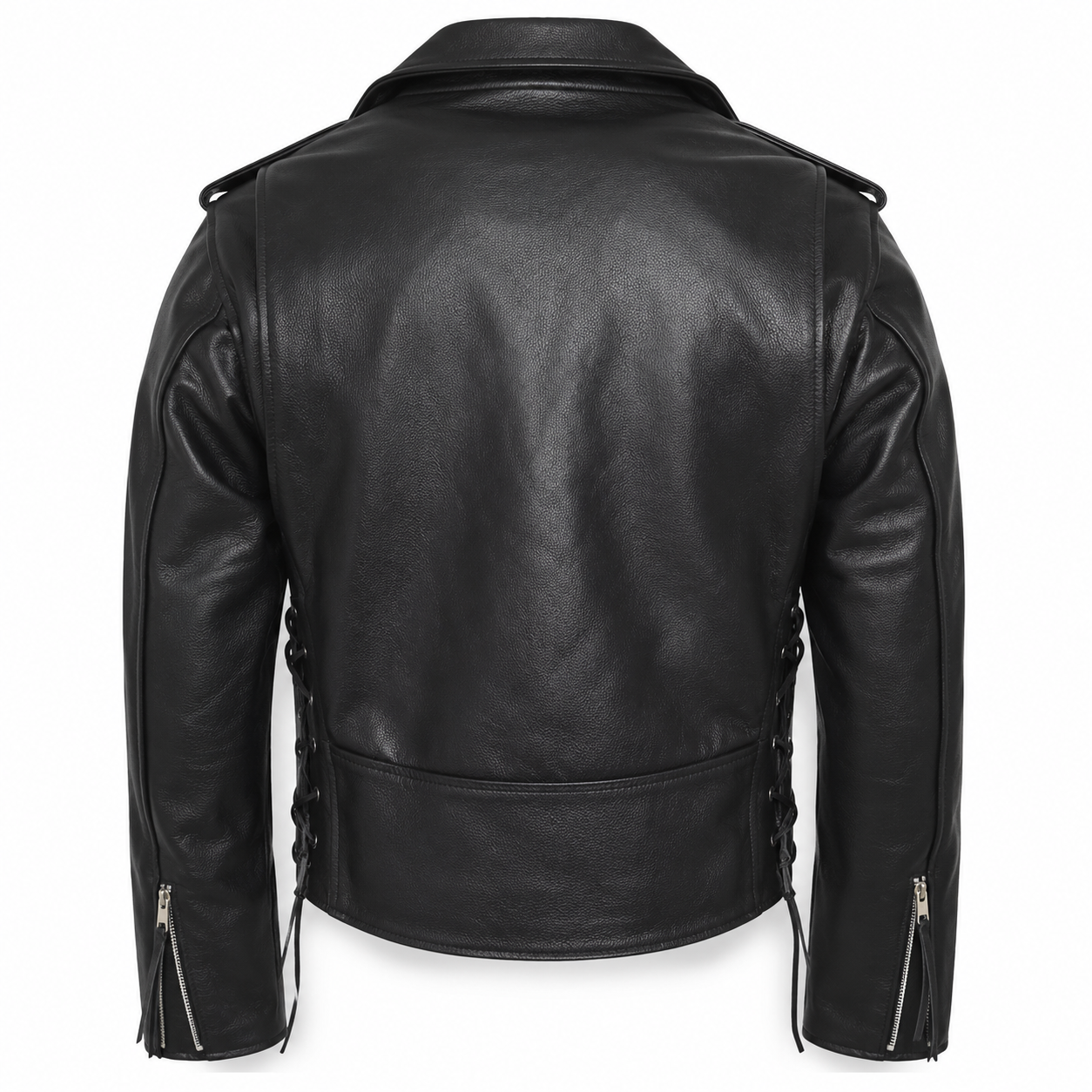 Men’s black leather moto jacket back view