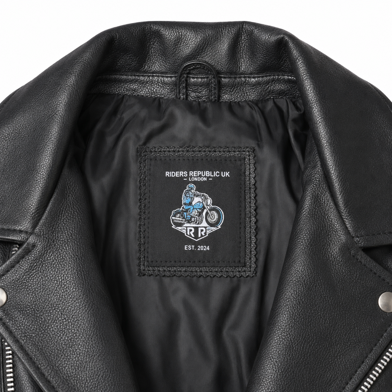 Vintage Brando-style leather biker jacket close neck label