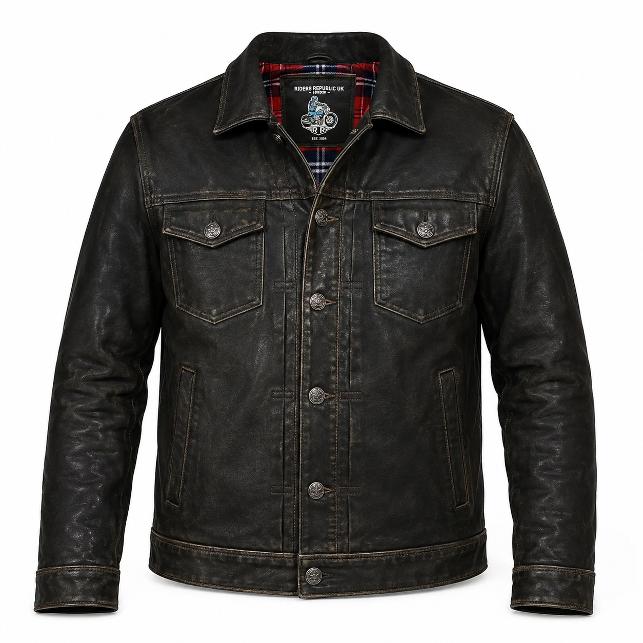 Men’s distressed black leather trucker jacket front view with red tartan lining