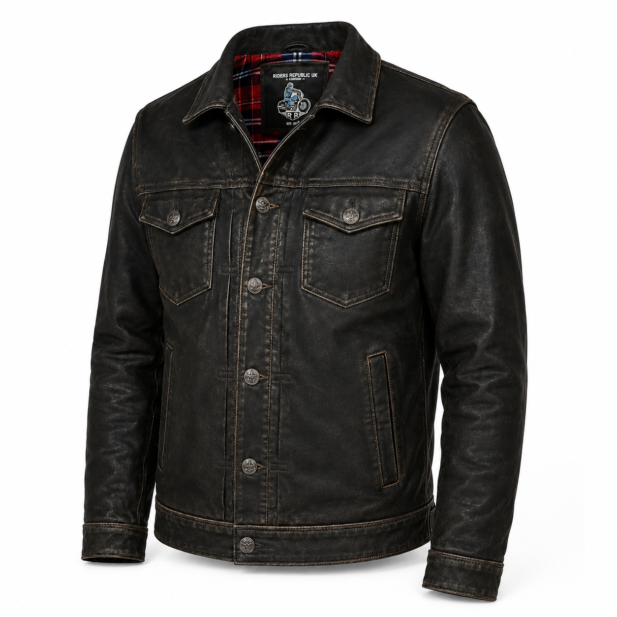 Premium men’s vintage black leather trucker jacket 