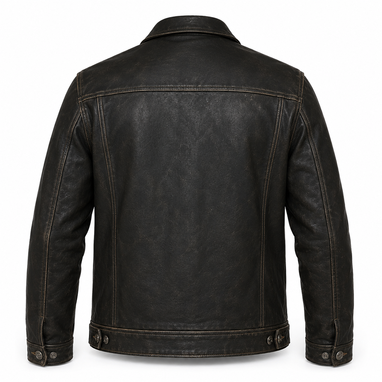Men’s distressed leather trucker jacket back view with classic panel stitching and worn black finish