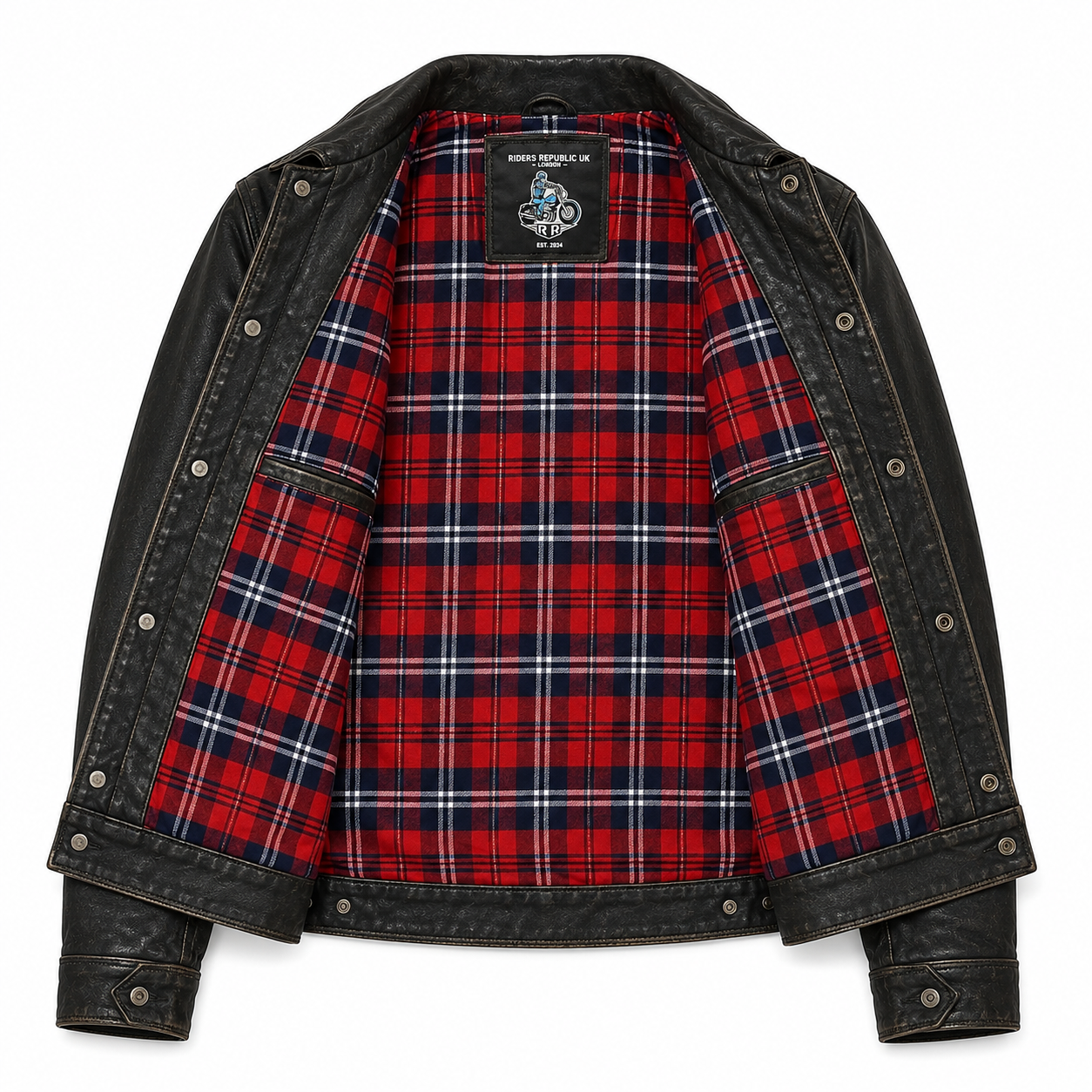 Black leather trucker jacket open front showing red plaid lining