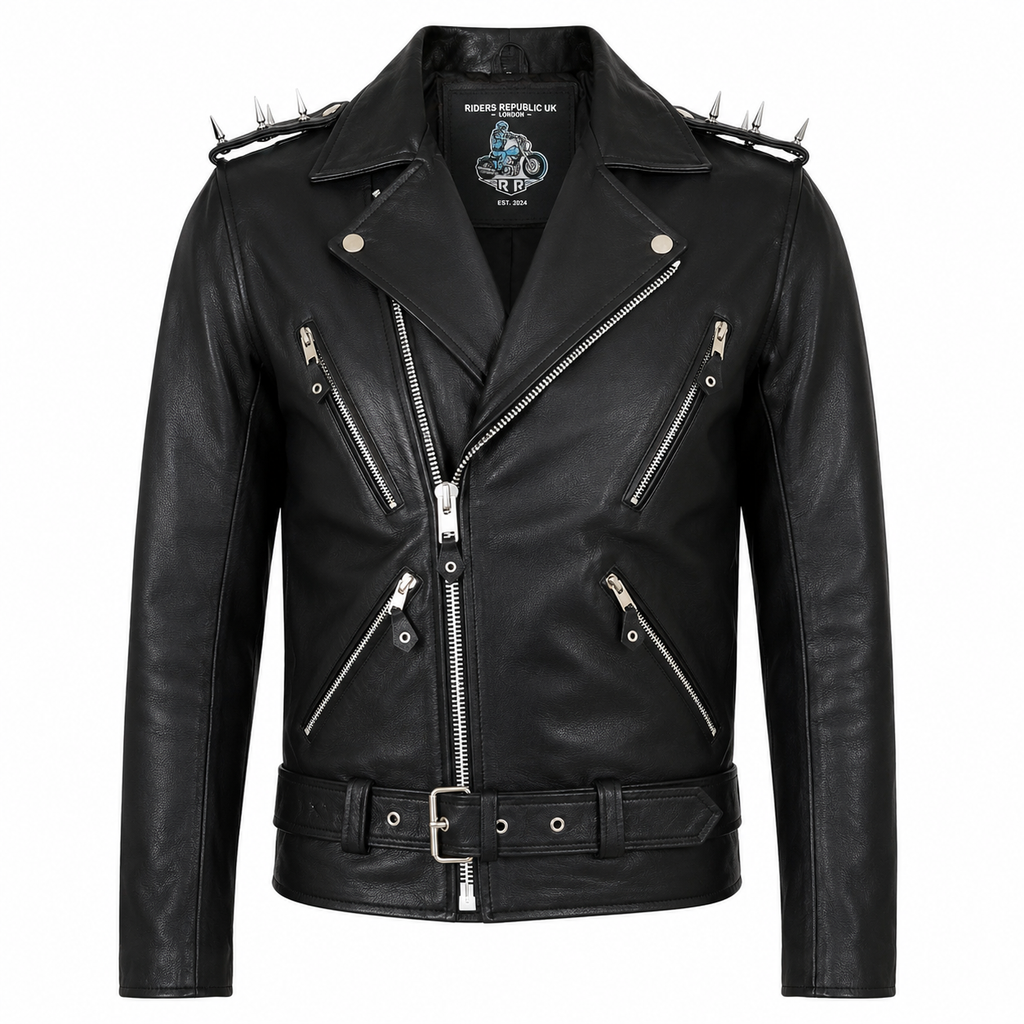 Men’s black leather biker jacket with spiked shoulder epaulettes, silver zippers and adjustable waist belt front view