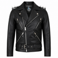 Men’s black leather biker jacket with spiked shoulder epaulettes, silver zippers and adjustable waist belt front view
