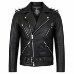 Men’s black leather biker jacket with spiked shoulder epaulettes, silver zippers and adjustable waist belt front view