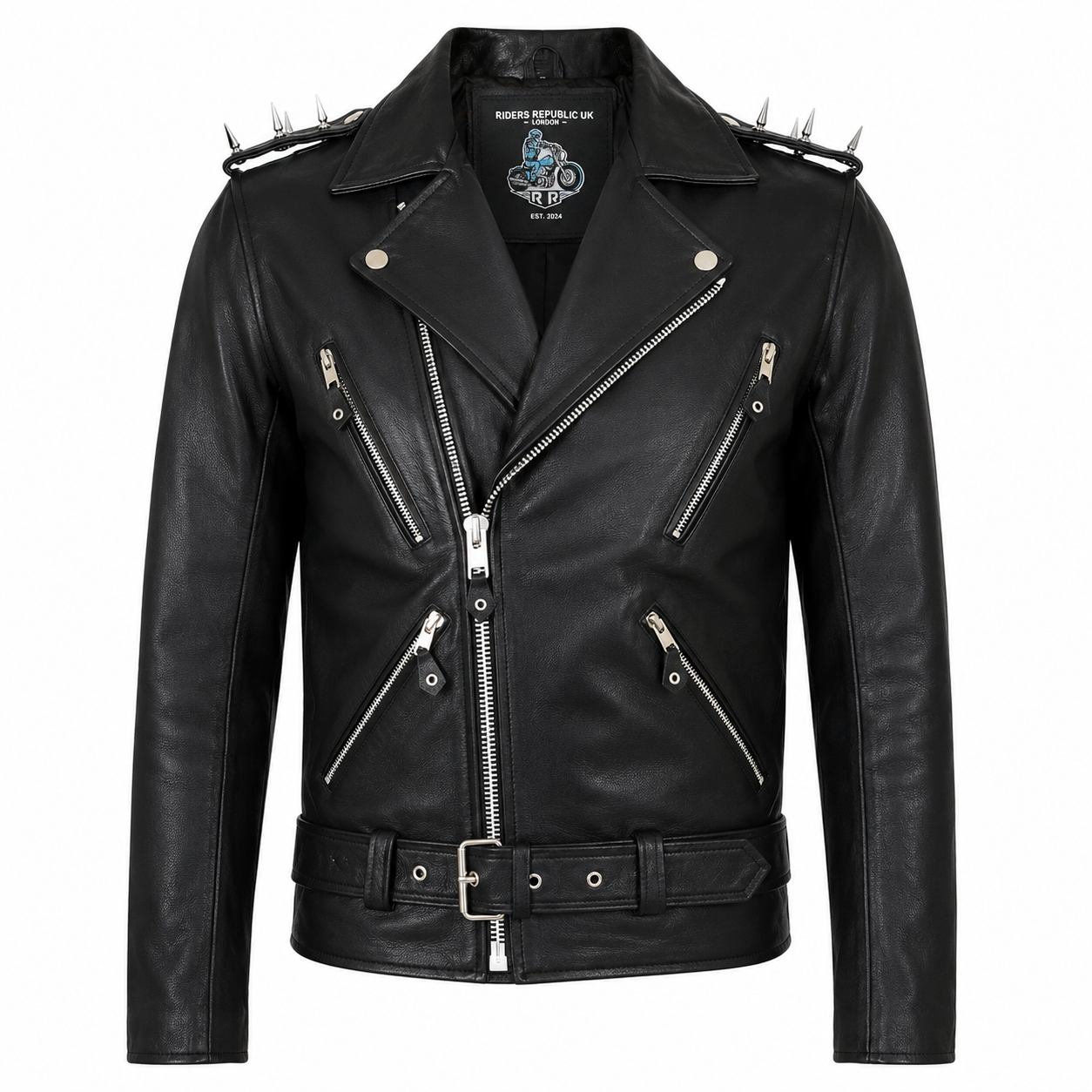 Men’s black leather biker jacket with spiked shoulder epaulettes, silver zippers and adjustable waist belt front view