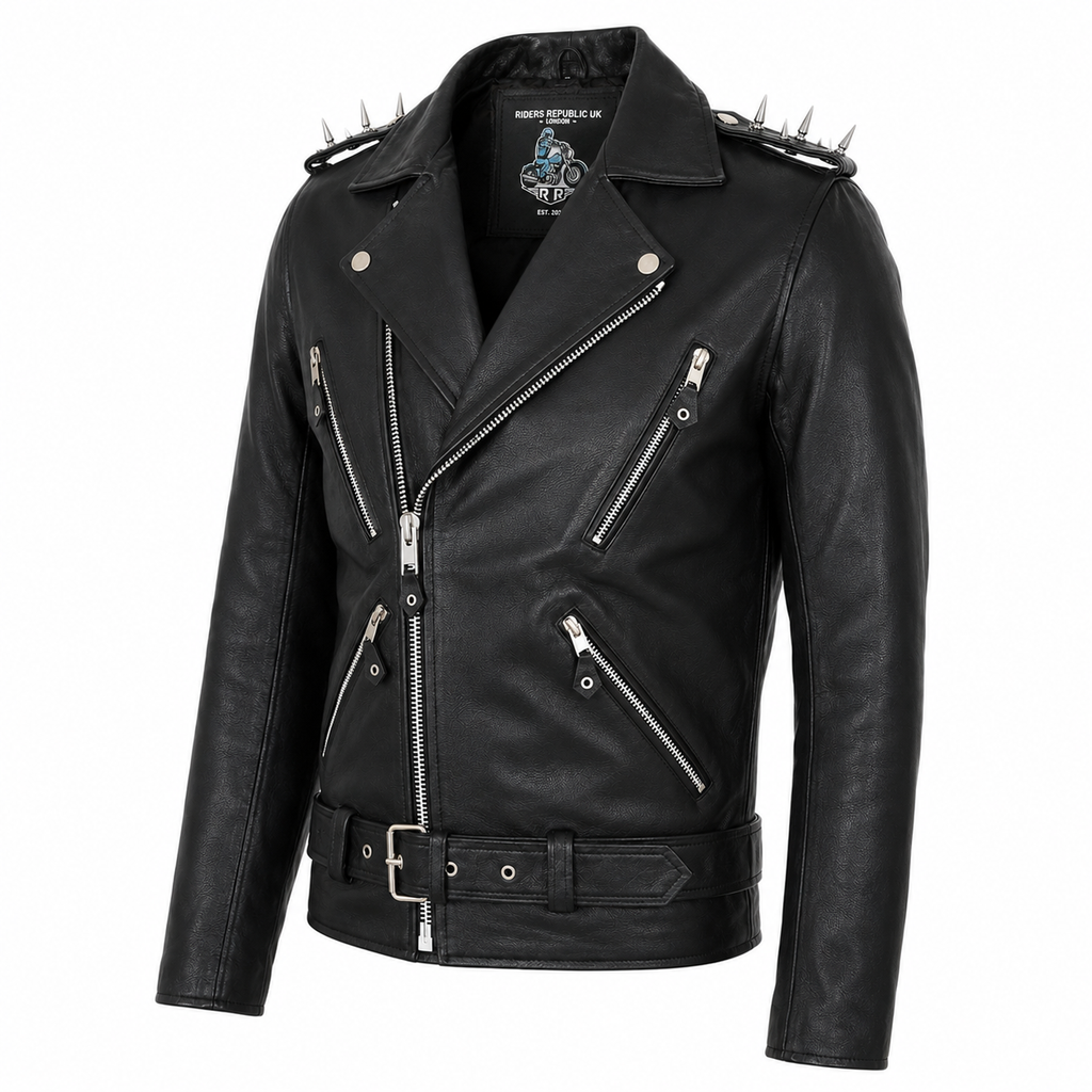 Three quarter view of men’s black leather motorcycle jacket with shoulder spikes, zip pockets and buckle belt