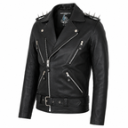 Three quarter view of men’s black leather motorcycle jacket with shoulder spikes, zip pockets and buckle belt