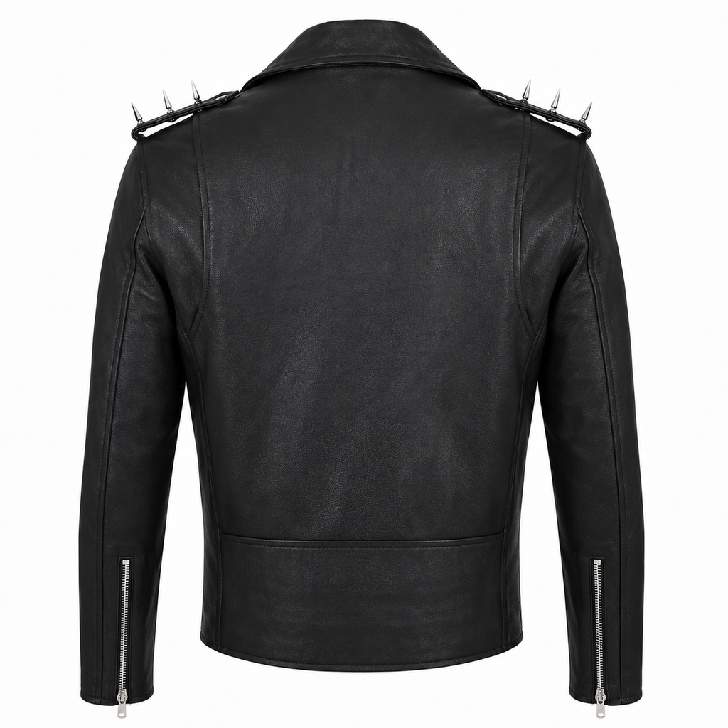 Back view of men’s black leather biker jacket featuring spiked shoulders, fitted panel construction and zip cuffs