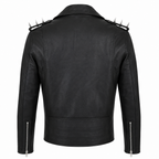 Back view of men’s black leather biker jacket featuring spiked shoulders, fitted panel construction and zip cuffs