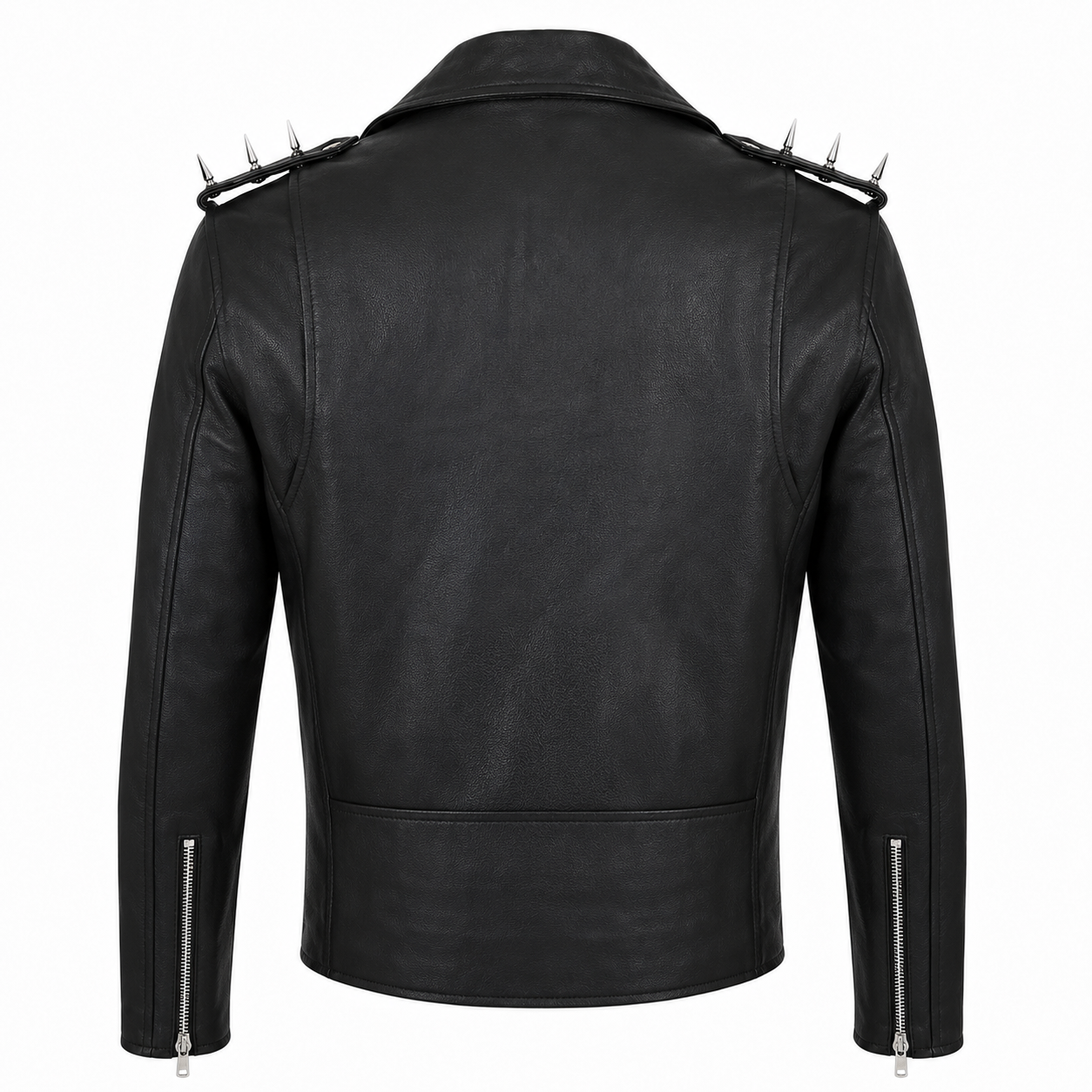 Back view of men’s black leather biker jacket featuring spiked shoulders, fitted panel construction and zip cuffs