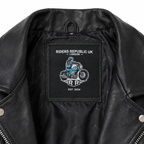 Neck label stitched inside men’s black leather spiked biker jacket
