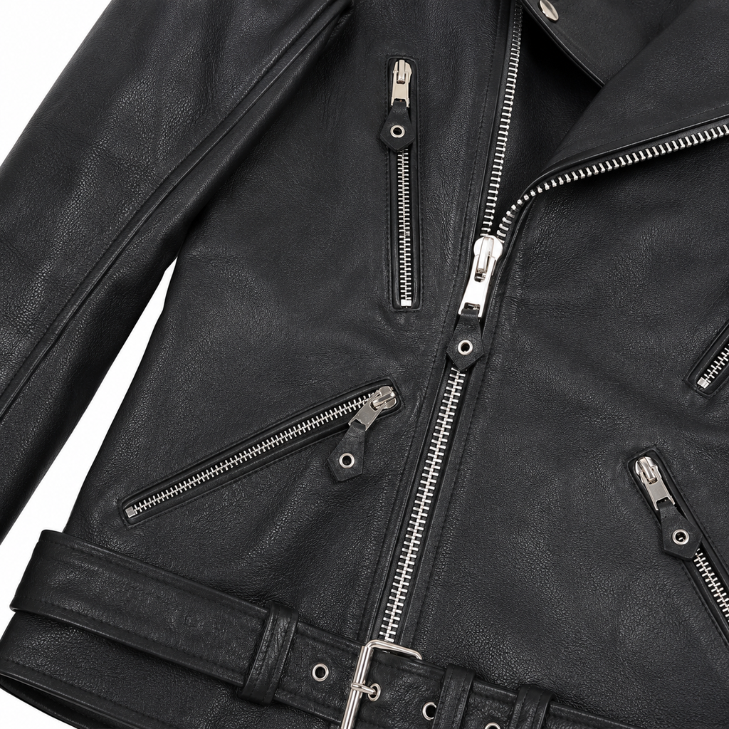 Close-up of black leather biker jacket showing silver zippers, textured leather, pocket details and waist buckle