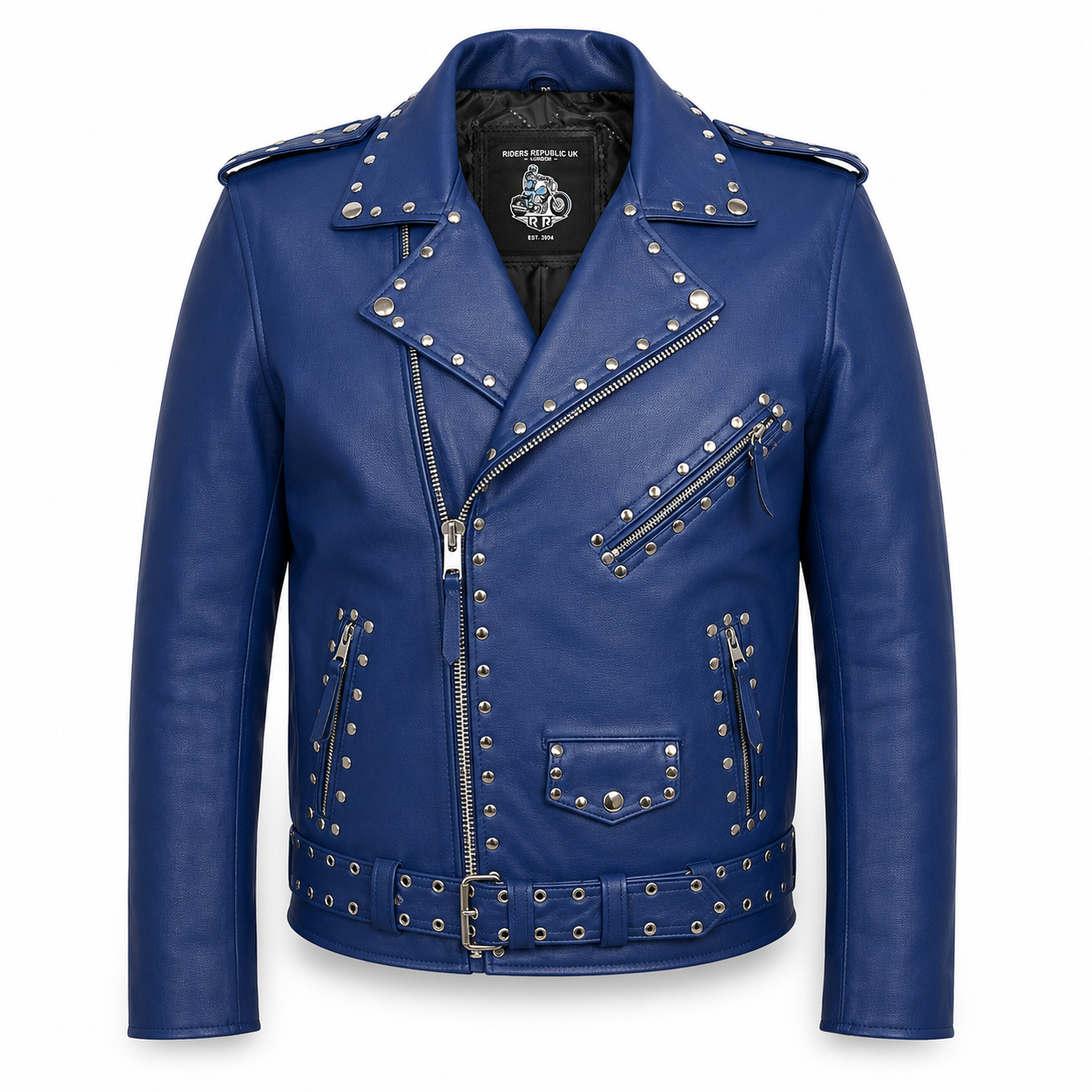 Men’s blue studded leather biker jacket front view with silver zippers, rivets and waist belt