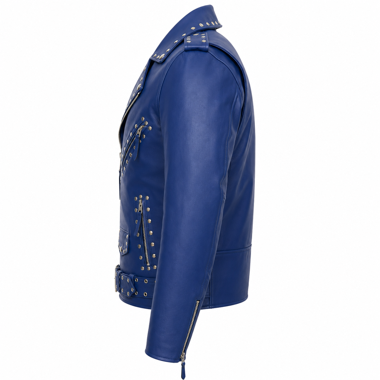 Side view of men’s blue studded leather biker jacket with zip pockets and shoulder epaulet