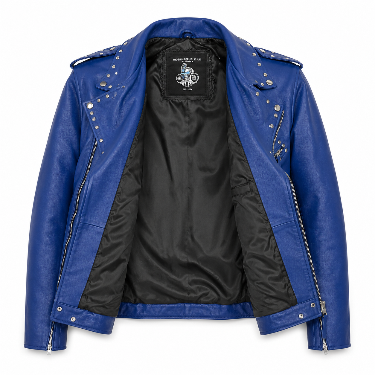 Open men’s blue leather biker jacket showing black satin lining and Riders Republic UK neck label