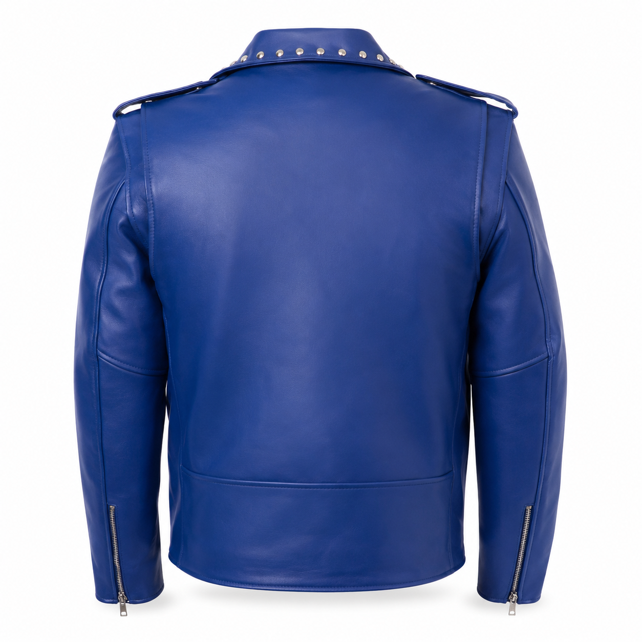 Men’s royal blue leather motorcycle jacket back view with studded collar and zip cuffs