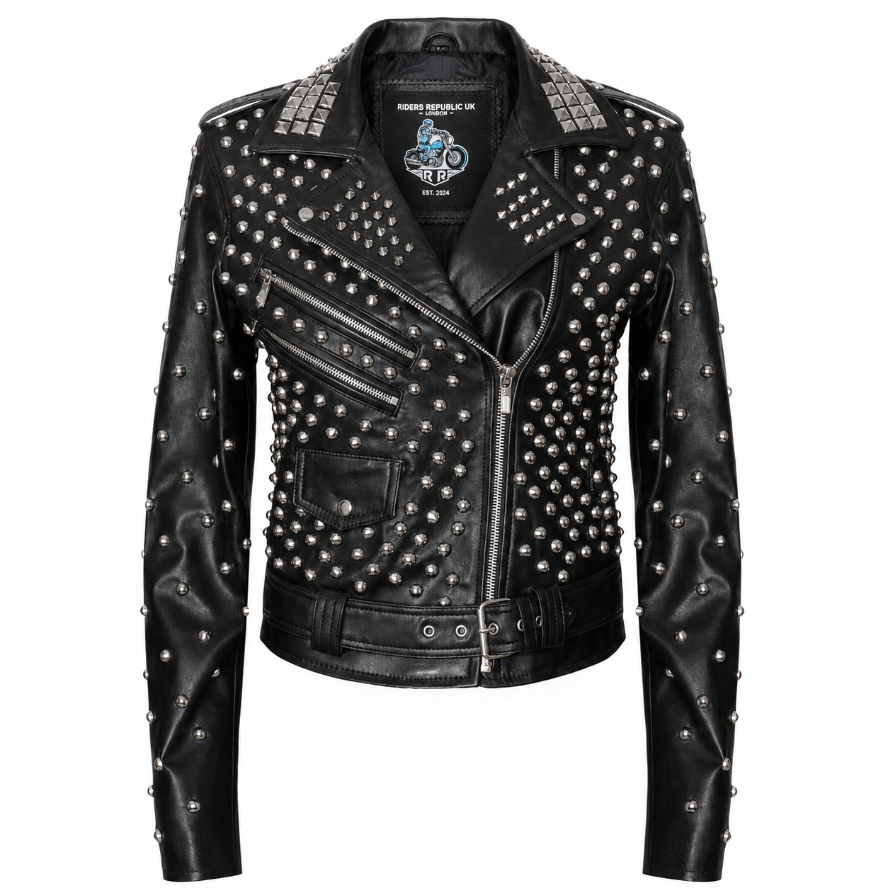 Women’s black studded leather biker jacket front view with silver hardware and belted waist on white background