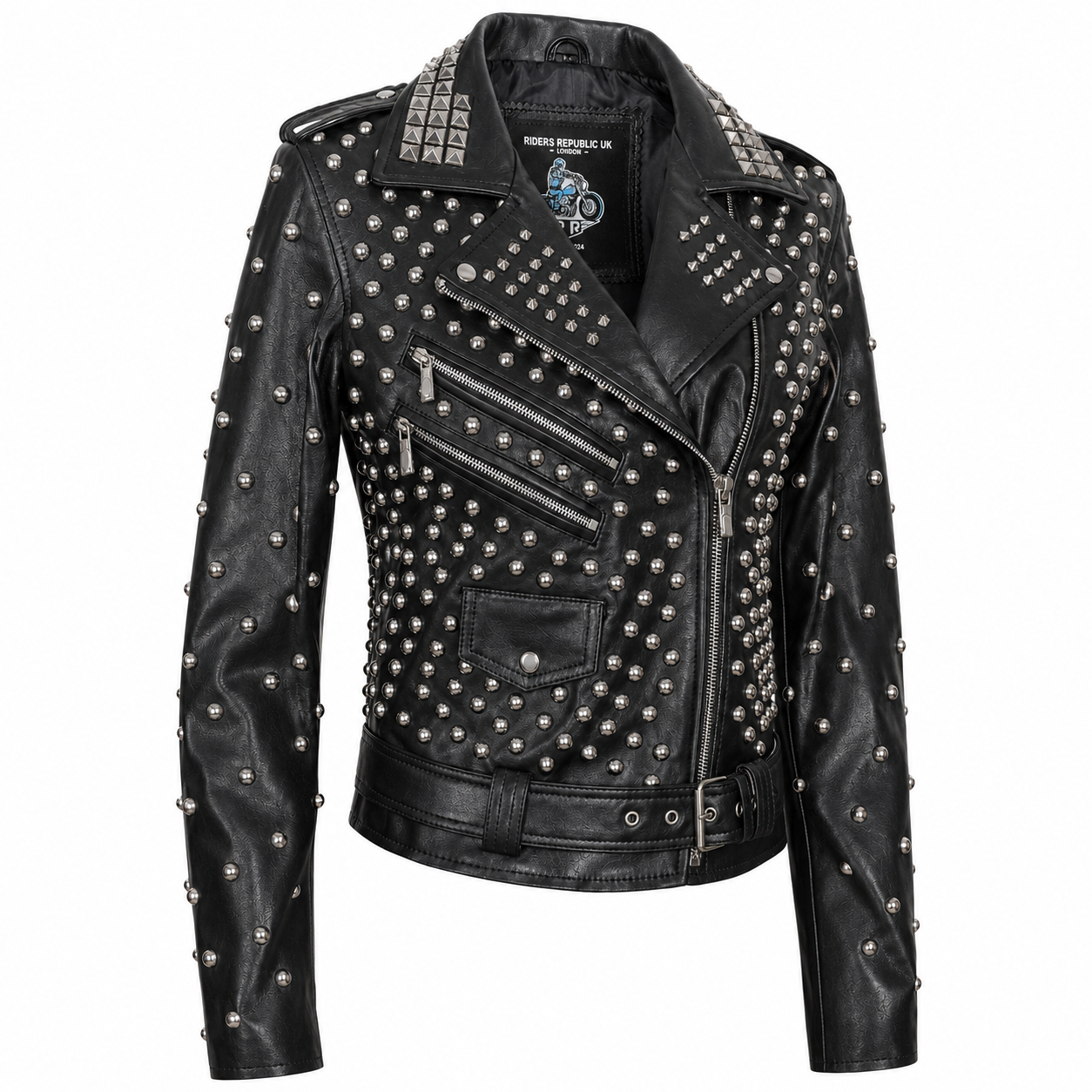 Women’s black studded leather biker jacket back view with silver stud detailing and zip cuffs on white background