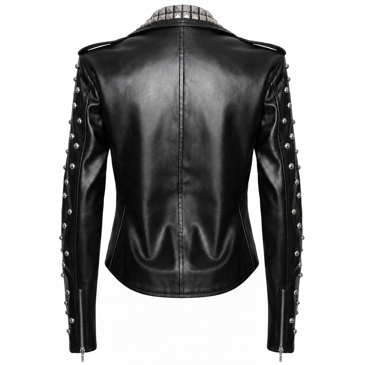 Women’s black studded leather biker jacket back view 