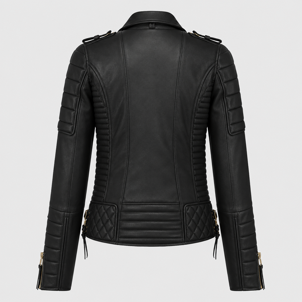 Women’s Classic Motorcycle Fashion Leather Jacket with Golden Zipper