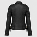 Women’s Classic Motorcycle Fashion Leather Jacket with Golden Zipper