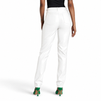 Back view of women’s white leather pants with rear pockets, high-waist design, clean stitching and glossy straight-leg leather finish.