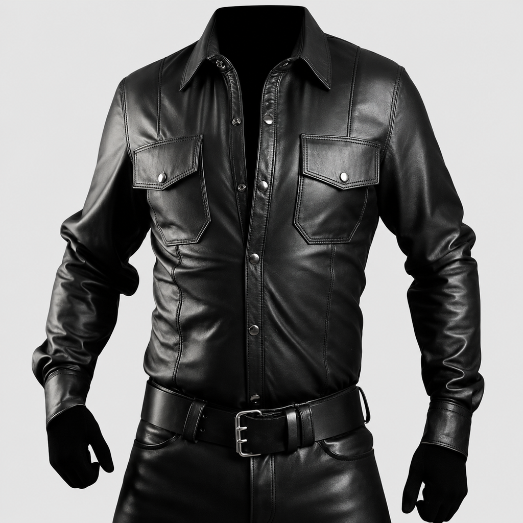 Herren Schwarzes Police Lederhemd