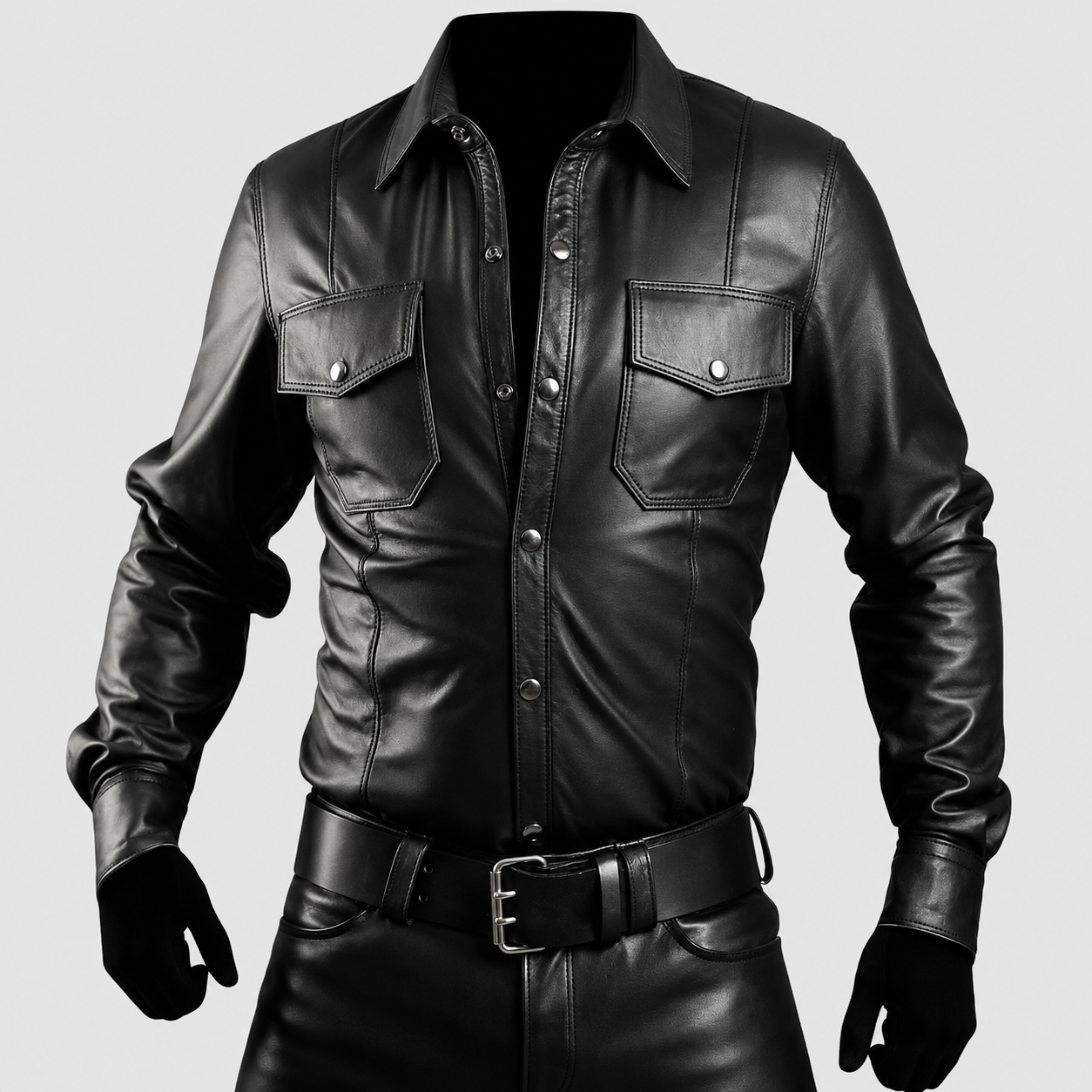 Herren Schwarzes Police Lederhemd