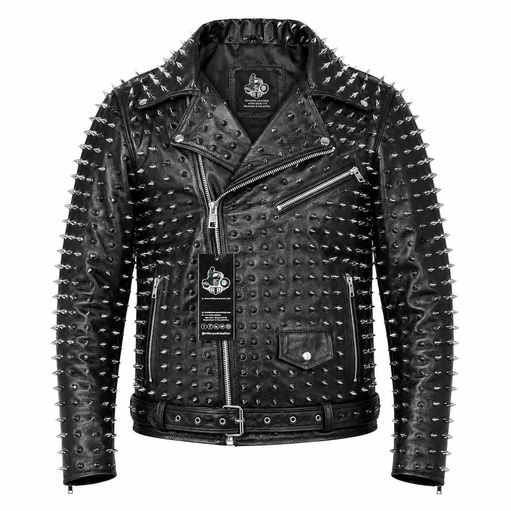 Men’s Punk Studded Cowhide Leather Jacket