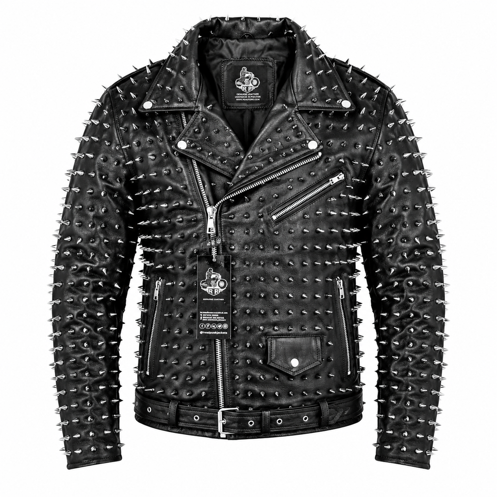 Men’s Punk Studded Cowhide Leather Jacket